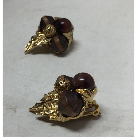 Women's Gold tone and Brown Shiny Acorn Clip on Earrings - Picture 3 of 5